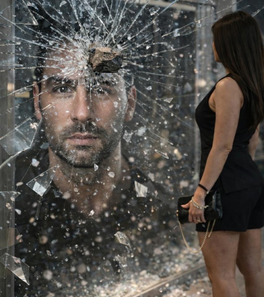 Mulher diante de espelho quebrado com reflexo do ex